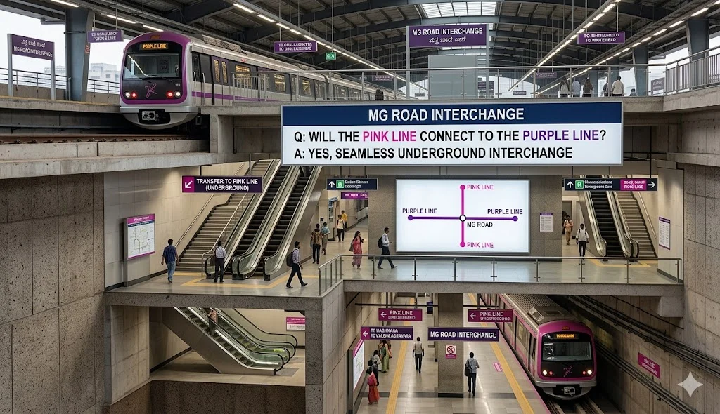 Schematic of the MG Road Metro interchange station showing the connection between the underground Pink Line and elevated Purple Line.